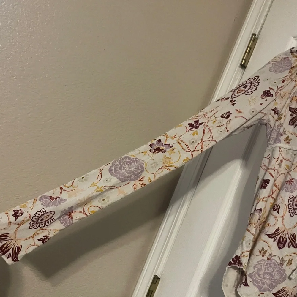 Free People Floral‎ Paisley Tie Front Long Sleeve Top Cream Boho Peasant Large